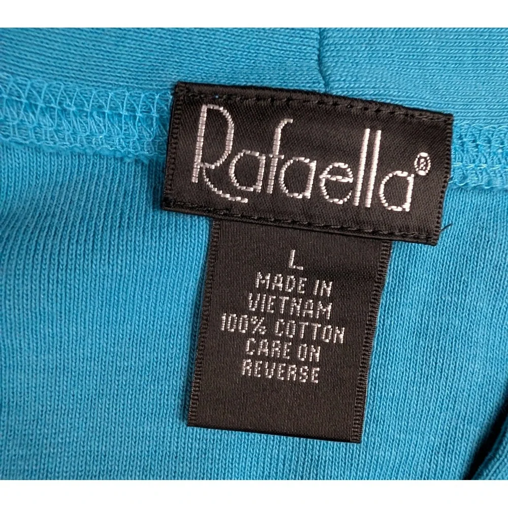 Rafaella Womens Large Turquoise Blue V-Neck Long Sleeve Ribbed Cotton Top